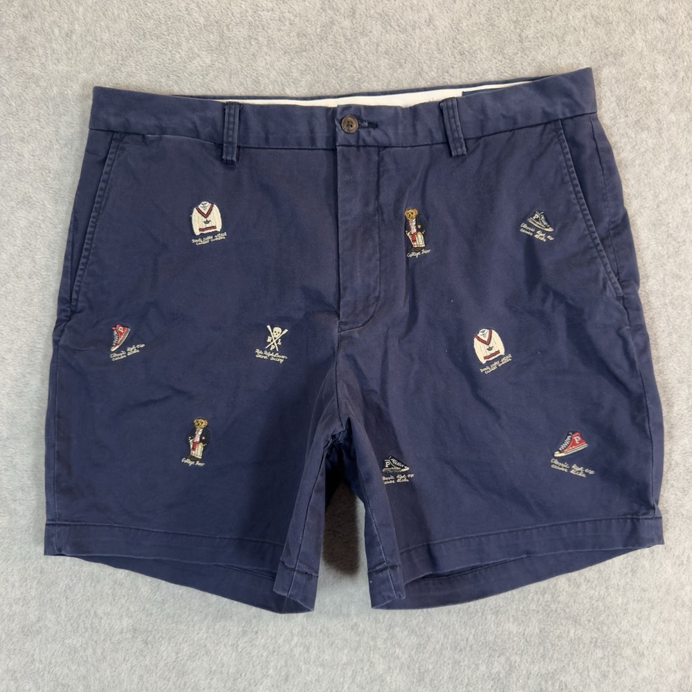 Polo Ralph Lauren POLO BEAR Shorts Mens 35 Navy Blue Embroidered All Over Print
